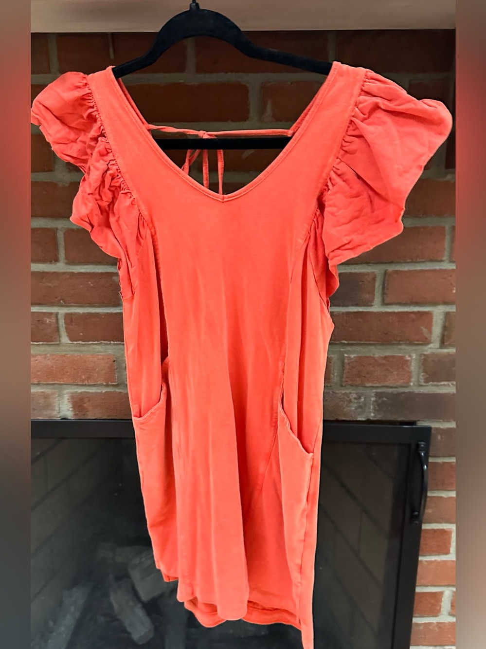 Women's Coral Mini Dress with Ruffled Sleeves
